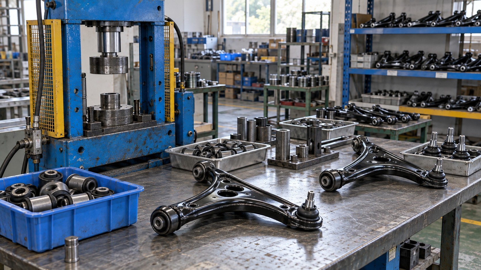 Illustrative assembly bench with control arms, bushings and an idle press
