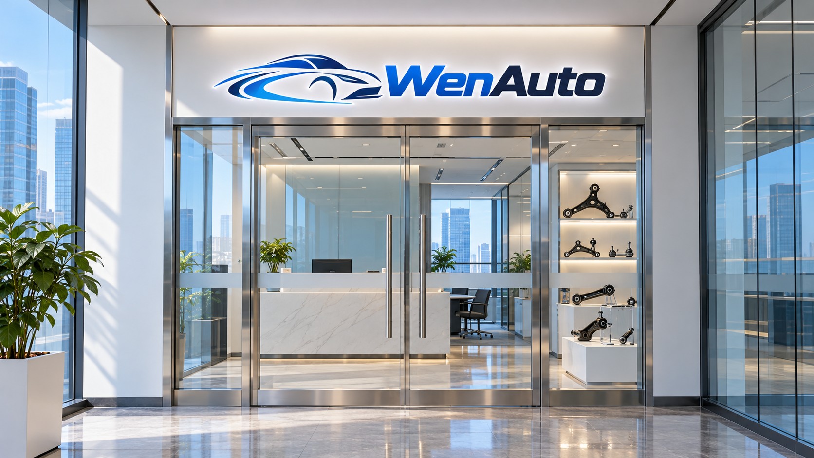 WenAuto office entrance design with glass doors and a branded sign