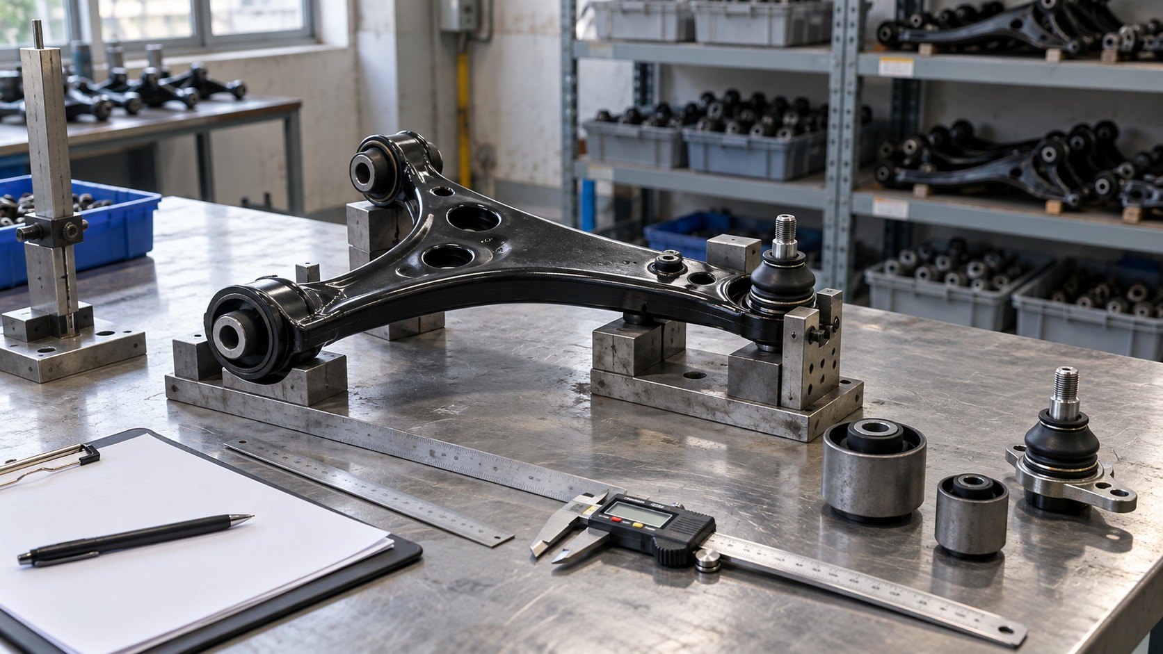 Illustrative inspection bench with a control arm, checking fixture and measuring tools