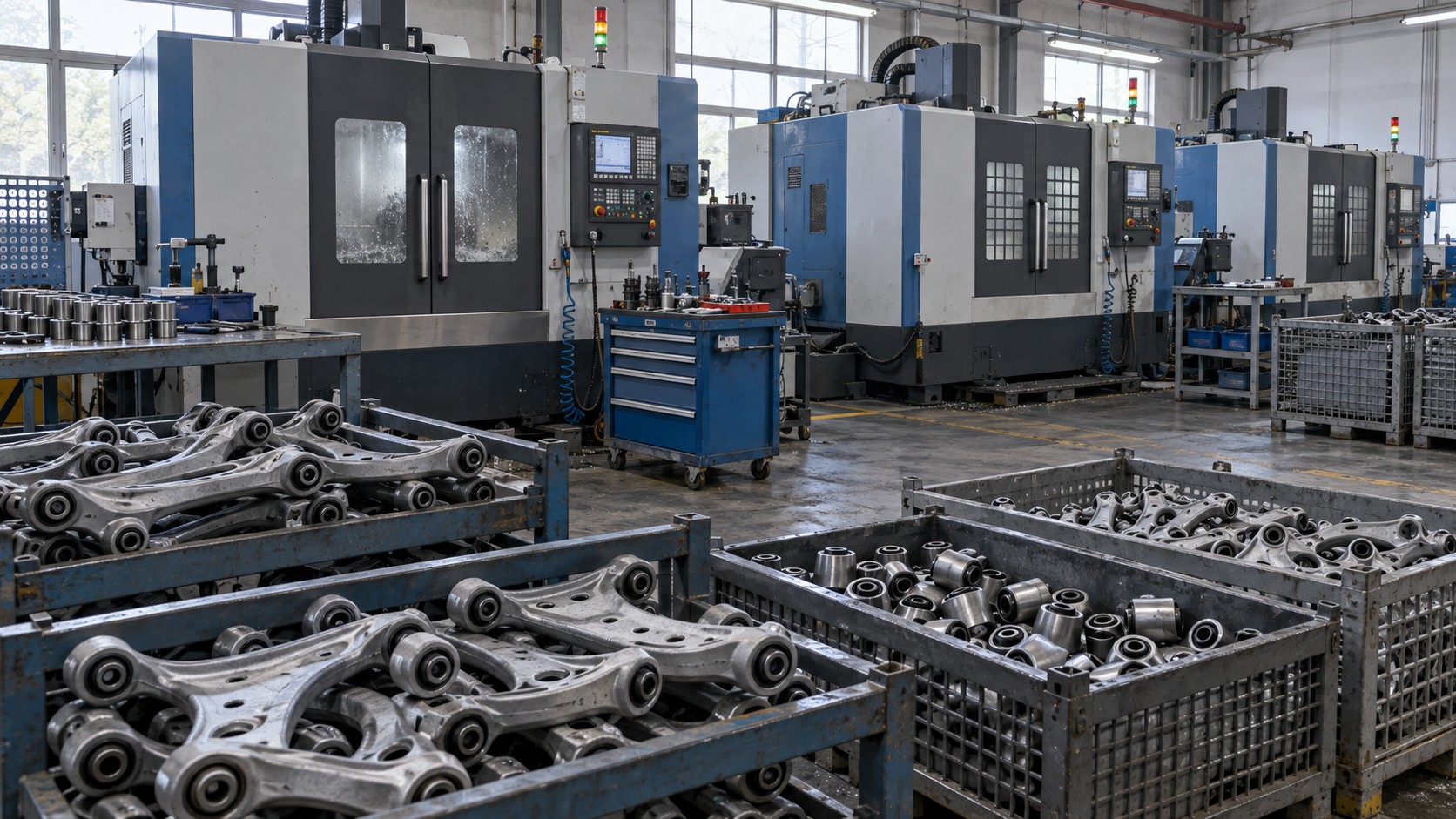 Illustrative machining area with enclosed equipment and suspension component trays