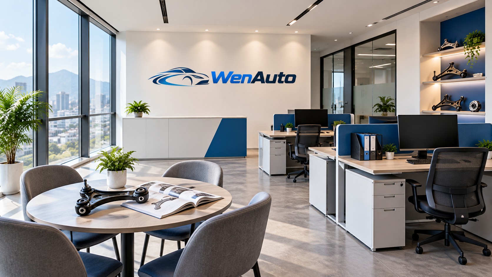WenAuto office interior design with workstations and a meeting area