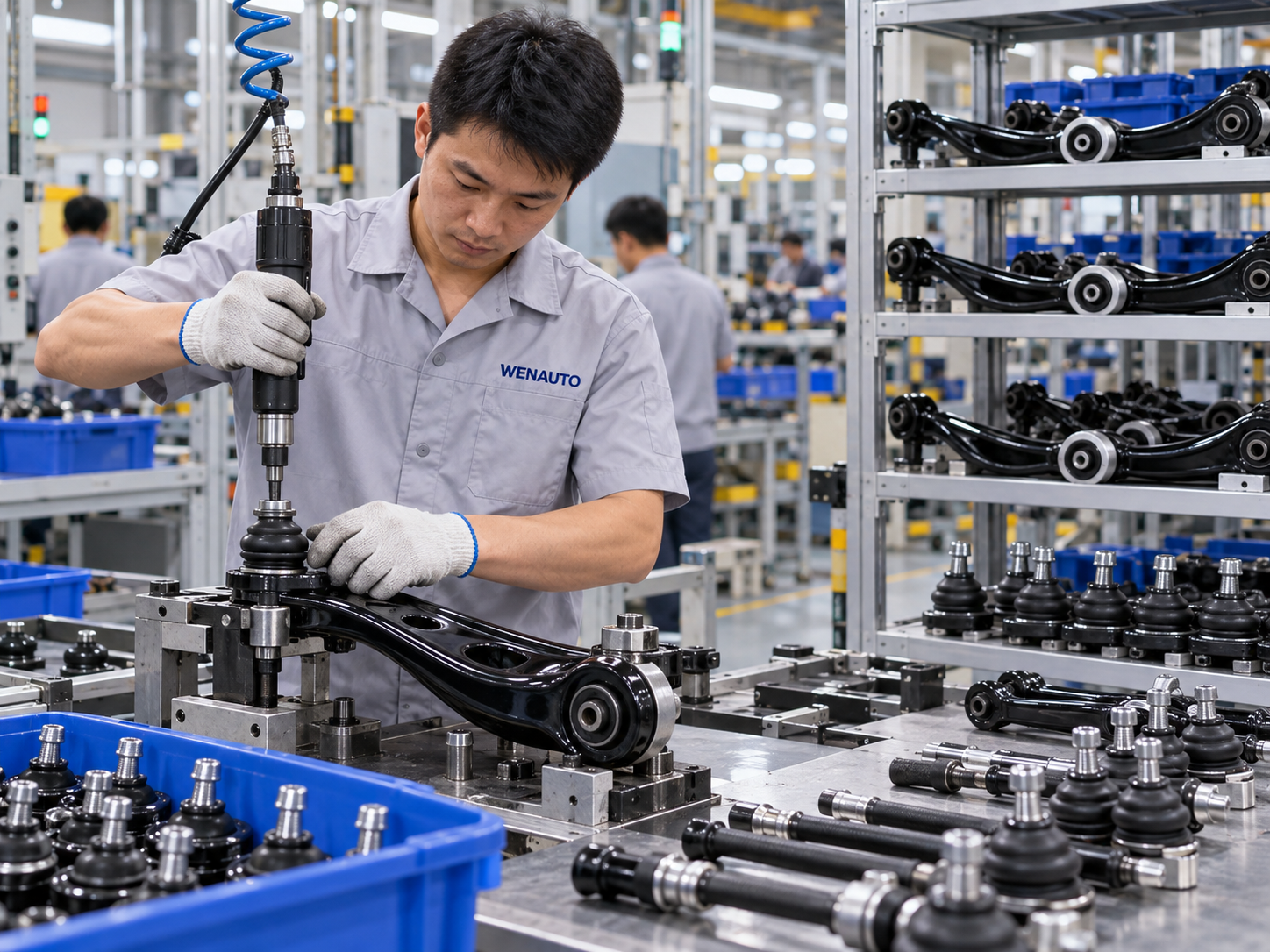 Control-arm assembly worker wearing a WenAuto shirt